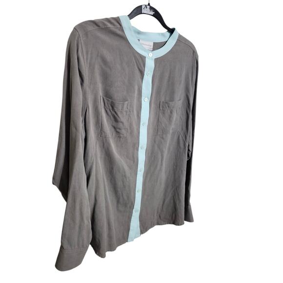 Soft Surroundings XL 100% Silk Twill Lux Gray Robins Egg Blue Blouse Shirt Top - Picture 4 of 9